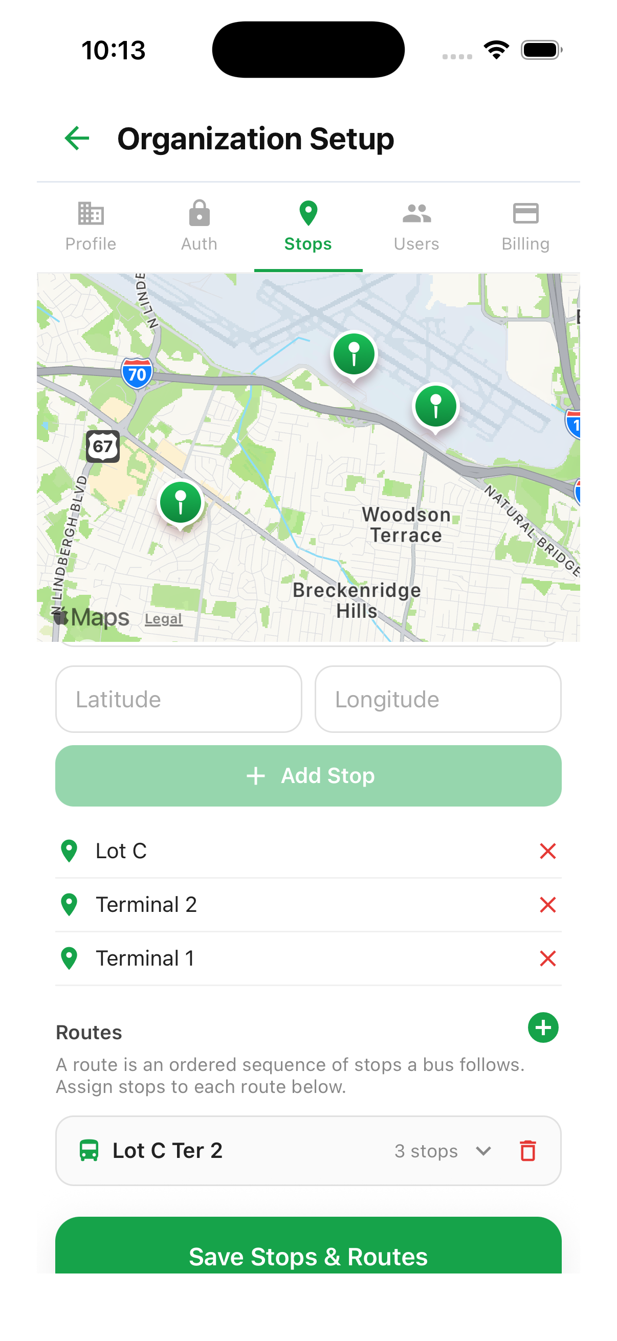 Shuttler organization setup stops screen